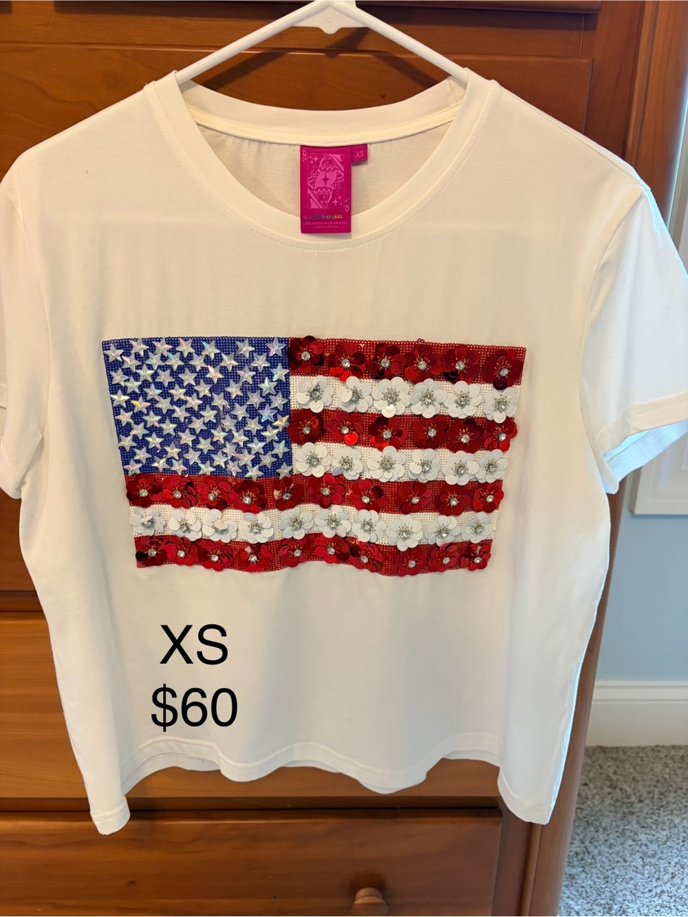 QUEEN OF SPARKLES White T-Shirt with Red, Blue and Silver Sequin Flag